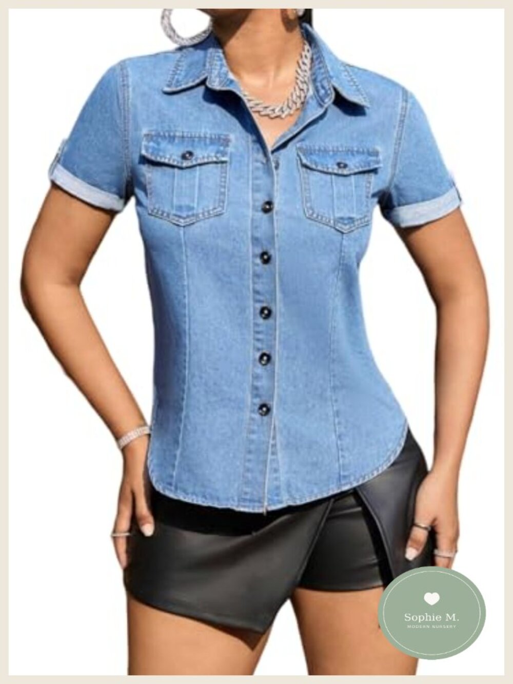 EZAPINE Denim Shirt Women Short Sleeve Button Down Flap Pocket Casual Business